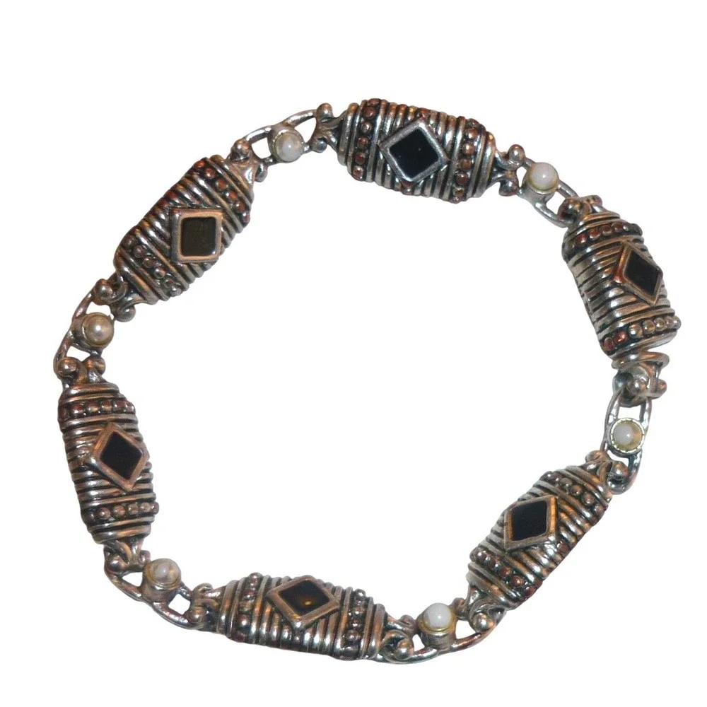 Vintage Magnetic Link Bracelet Silver Tone Black Onyx Faux Pearl 8 Inch Boho